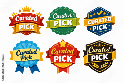 Collection of curated pick badges and labels in various shapes, ribbons, and colors, indicating best selection and quality