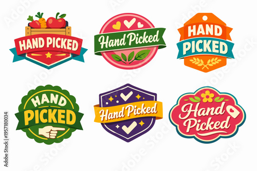 Hand picked fresh natural organic food and quality farming product labels collection for healthy eating