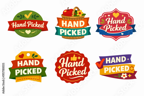 Hand picked fresh organic food labels collection with quality symbols, checkmarks, hearts, and basket elements