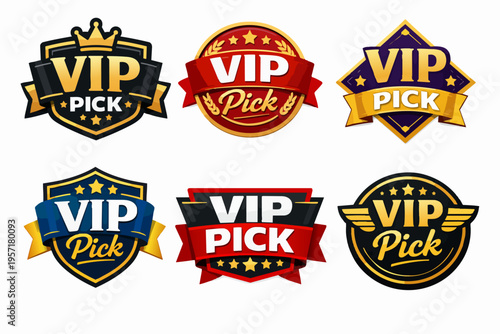 Vip pick badge collection representing premium quality, exclusive status, best choice, and top selection labels