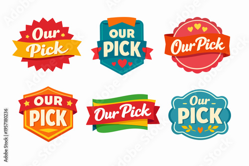 Set of our pick badges, labels, and stickers, offering best choice and quality recommendations