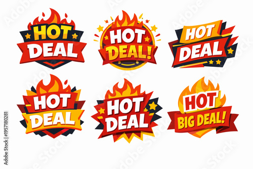 Hot deal labels set creating a big sale promo and discount price tag concept for advertising and promotion