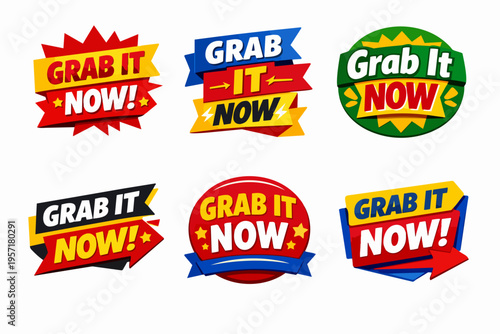 Grab it now promotion banners and stickers set. Marketing special offer for limited time sales