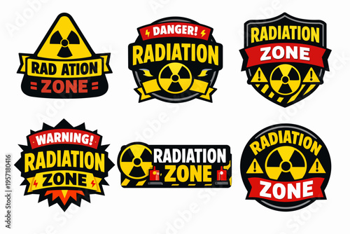 Radiation zone warning danger labels set. Nuclear hazard sign collection. Radioactive symbol with danger text