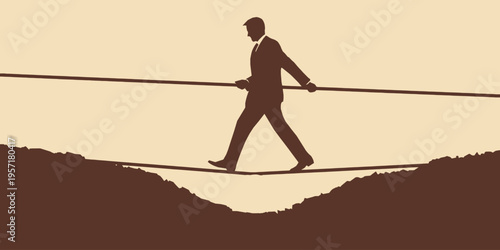 A businessman walking on a tightrope; a metaphor for financial risk and balance, vector illustration.
