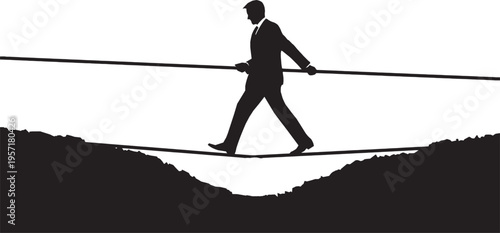 A businessman walking on a tightrope; a metaphor for financial risk and balance, vector illustration.