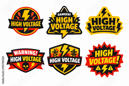 High voltage warning signs and danger labels set featuring electricity hazard symbols, skulls, and lightning bolts