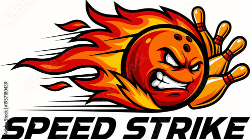 Angry flaming bowling ball crashing into pins with speed strike text in dynamic cartoon style. Concept of high energy, fast action, competition and powerful performance in bowling sport branding