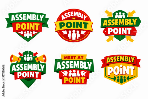 Assembly point signs vector collection. Meeting place for emergency evacuation during safety drills and crisis incidents