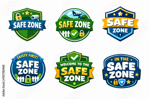Collection of safe zone badges with shields, padlocks, cctv cameras, and checkmarks, symbolizing security and protection
