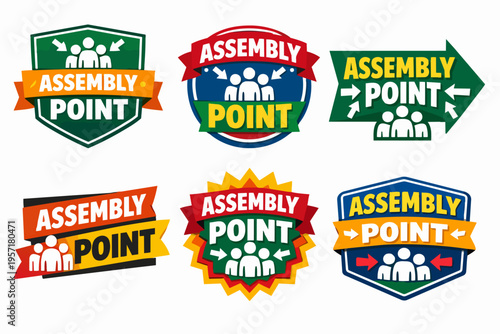 Assembly point signs collection ensuring emergency safety and evacuation procedures for public gathering muster points