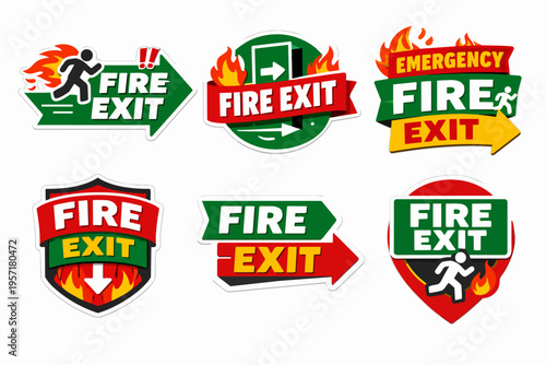 Collection of fire exit and emergency evacuation signs with fleeing person symbols and flames