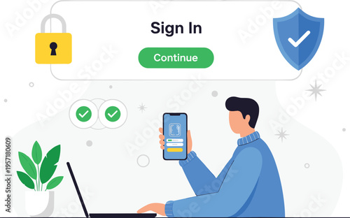 Secure sign in illustration, user authentication with mobile verification, login interface, cybersecurity protection concept, digital access and data privacy design