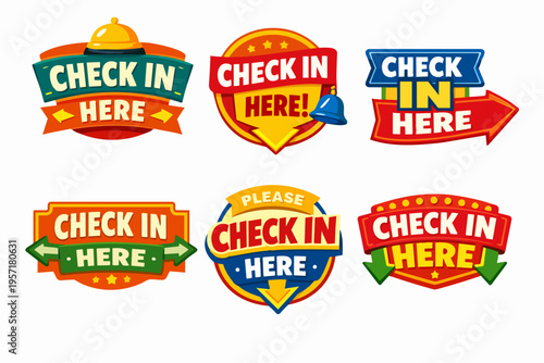 Set of colorful cartoon-style badges and labels with check in here text, featuring arrows and bells for easy navigation