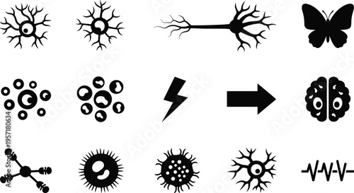 Neuron and brain icons set, neural cells, synapse signals, microbiology elements, medical science symbols, biology research illustration collection design