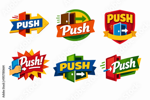 Push sign sticker labels set with arrows and opening doors, graphic elements for entrance or exit direction