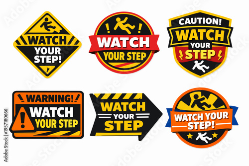 Warning stickers collection cautioning watch your step, featuring icons of falling people, promoting safety and preventing accidents