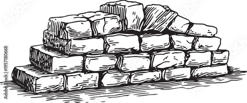 Hand drawn of a stacked pile of rectangular stone blocks on a flat ground surface