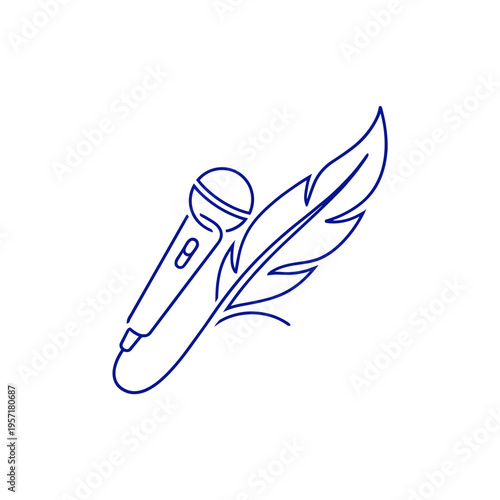 Blue outline illustration of a microphone combined with a feather quill. Symbol of journalism and storytelling. Concept representing podcast, interview, creative writing and media production.