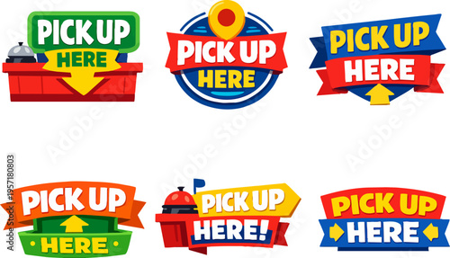 Pick up here stickers collection, showing service counter, location pin, and arrows for takeout orders