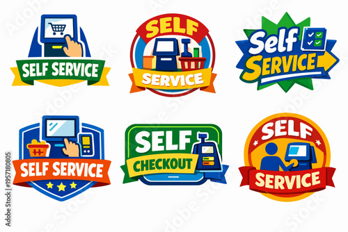 Self service and checkout logos collection for retail shopping, customer automation, and payment kiosks