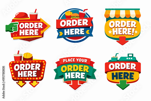 Collection of colorful order here signs and labels, indicating service points for fast food, restaurants, and online ordering
