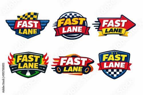 Fast lane racing emblem designs featuring speed, automotive sport, competition, and victory concepts