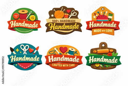 Handmade craft labels with sewing tools, knitting supplies, and baking ingredients promoting authentic production