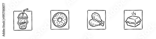 Minimal fast food icons: soda, donuts, fried chicken, and takeout box. Perfect for food, snack, and restaurant visuals.