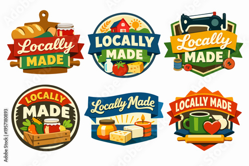 Locally made badges collection showcasing food, crafts, and farm products, promoting local business and handmade goods