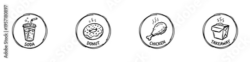Minimal fast food icons: soda, donuts, fried chicken, and takeout box. Perfect for food, snack, and restaurant visuals.