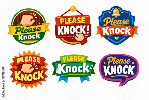 Please knock stickers collection, inviting visitors to announce arrival, respecting privacy and personal space concept