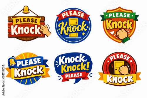 Collection of cartoon stickers with please knock text, indicating manners when approaching a closed door for privacy