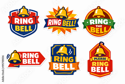 Ring bell concept labels collection with golden bells and text for notification, call, service, and alert symbols