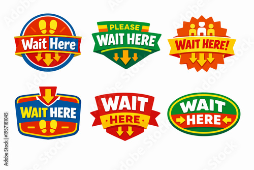 Flat design vector waiting labels for safety protocols, customer flow, and physical distancing in public spaces