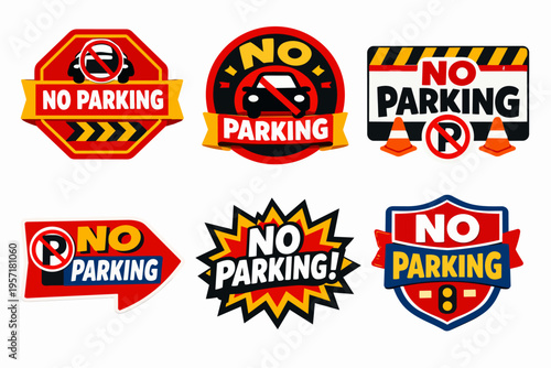 Various no parking signs illustrating traffic restrictions, safety measures, and rules for vehicles in designated areas