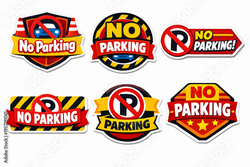 Prohibition badges set featuring various no parking signs and warning symbols, indicating restricted areas and traffic rules vector art