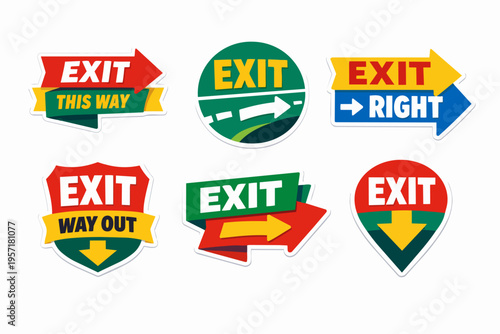 Set of colorful exit sign stickers with arrows and way out labels, clean vector icons for navigation, safety, and directional guidance