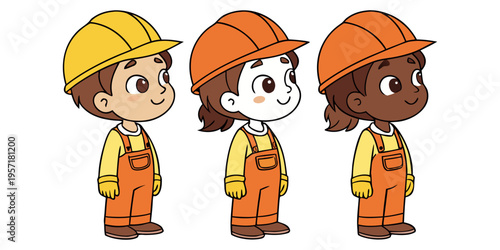 Cartoon illustration of a young boy wearing a safety helmet and worker tools while playing in the sand and snow like a little engineer.