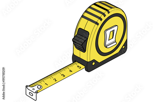 A yellow measuring tape tool with black centimeter and inch scale numbers is isolated on white as an accurate construction instrument for length measurement.