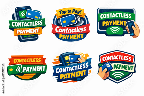 Contactless payment badges collection showing cards, smartphones, and pos terminals for tap to pay transactions