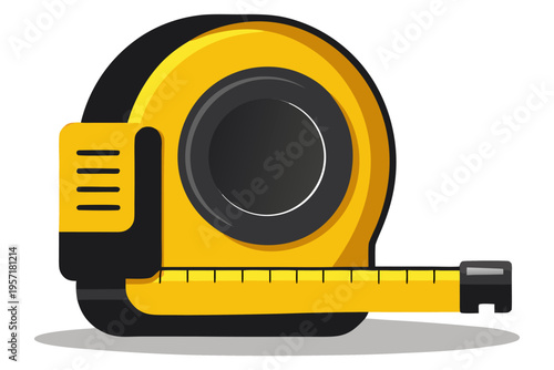 Yellow measuring tape tool illustration featuring a vector ruler design and meter symbol isolated on white for construction web icon equipment.