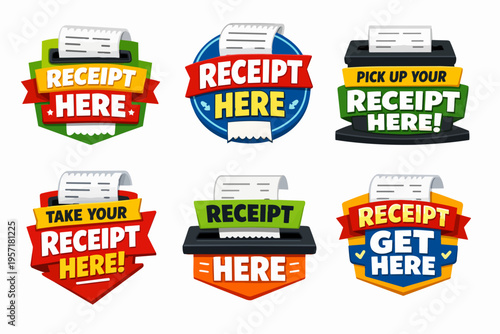 Retail receipt badges set inviting customers to pick up payment transaction bills and proof of purchase documents