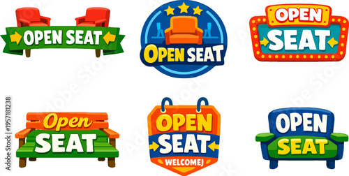 Set of open seat badges and labels in cartoon style, showing available seating like armchairs, sofas, and benches