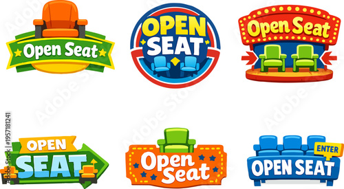 Bright cartoon-style open seat concept designs with chairs and couches, ideal for inviting audiences to events