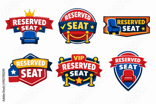 Set of reserved seat and vip concept labels. Representing premium access, exclusive membership, and special admission signs