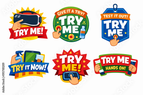Sticker set offering various try me and test it out calls to action for product trials and experiential marketing