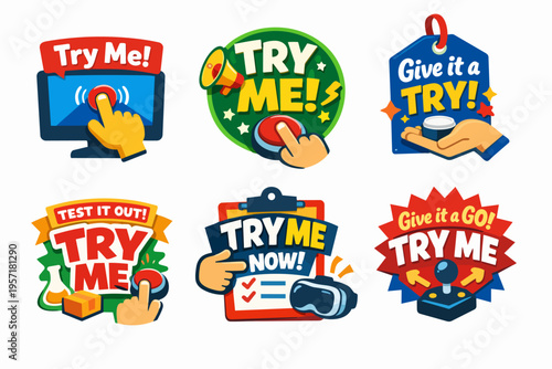 Try me badges and marketing sticker labels promoting product trials, customer engagement, and interactive testing