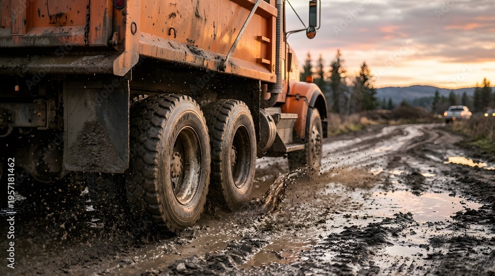 Fototapeta premium Heavy-duty dump truck on muddy rural road at sunset