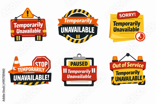 Temporarily unavailable banner collection with out of service, paused, sorry, and warning messages
